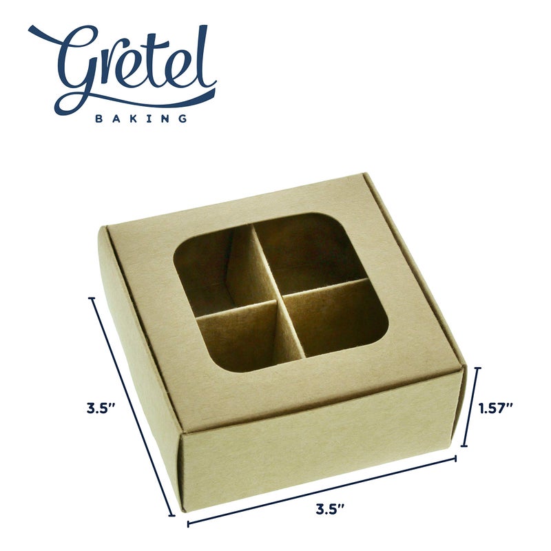 GRETEL BAKING 20pcs Kraft Treat Boxes with Window and Dividers | 4 X-SMALL compartments | 3.5 x 3.5 x 1.57 in | Empty candy boxes for gift giving, truffle box - perfect for Valentine's Day - Image 5